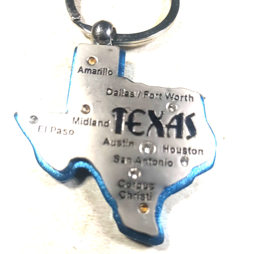 Texas metal Keychain Blue Silver Tone Rhinestone Map City - Picture 3 of 5